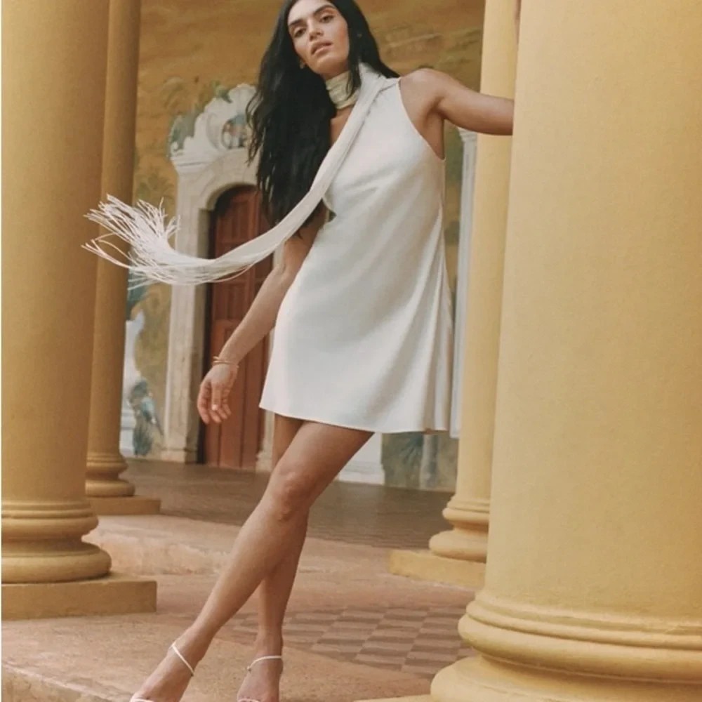Abercrombie & Fitch Scarf Slip Mini Dress Satin One Shoulder Fringe Ivory XS